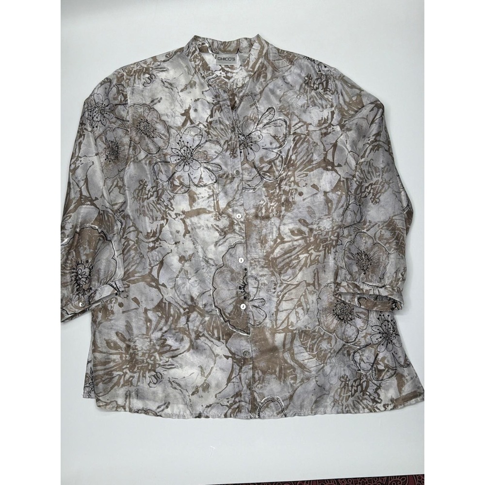Chicos Women Floral Print V-Neck 3/4 Sleeve Button Up 100% Silk Shirt Top Size 1